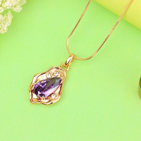 "Elegant Purple Teardrop Pendant in Gold Plated Frame, XPPT1734 - Picture 11 of 13